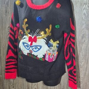 33 Degrees‎ Ugly Christmas Sweater Medium Cat Reindeer Holiday Pom Poms